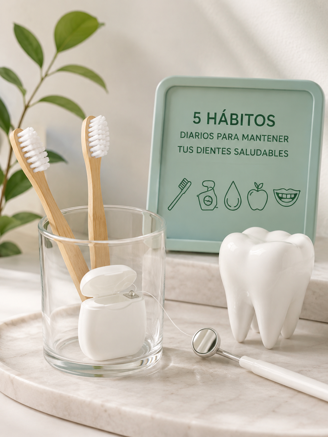 Cepillos de dientes de bambú, hilo dental y modelo de diente