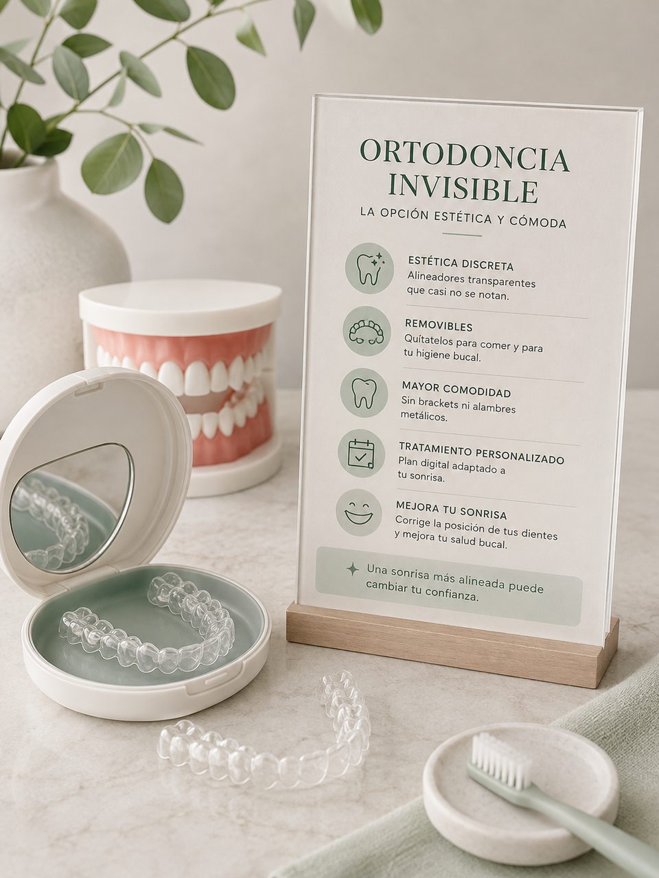 Alineadores transparentes de ortodoncia invisible junto a ficha informativa