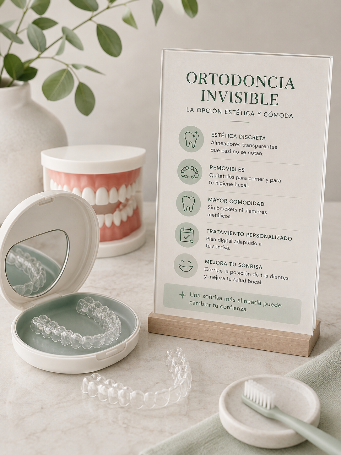 Alineadores transparentes de ortodoncia invisible junto a ficha informativa