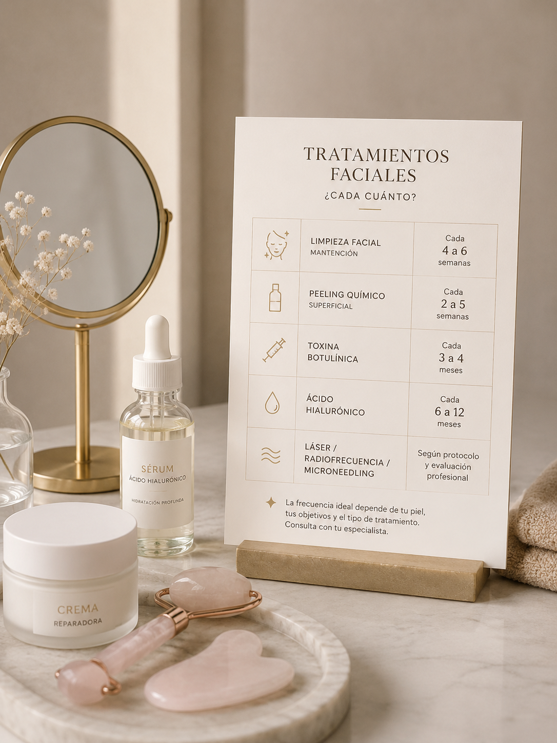 Ficha de frecuencia de tratamientos faciales junto a productos de skincare